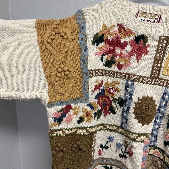 Vtg 90s Crystal Kobe Knit Pastel Floral Winter Crochet Sweater Cottage Size 38 - Picture 7 of 7